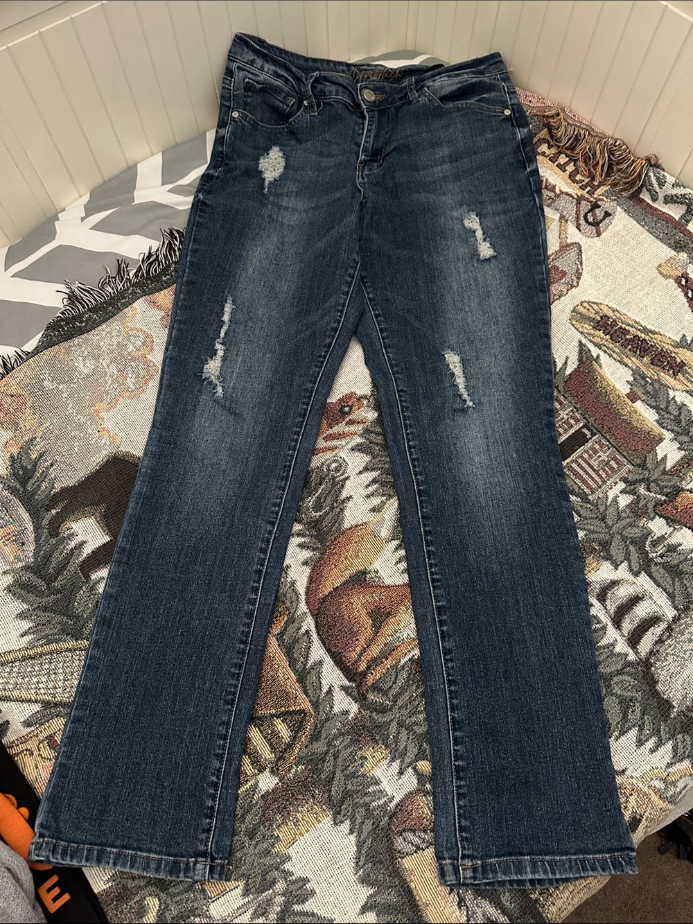 Dark Wash Distressed Women's Jeans - Classic Straight Leg